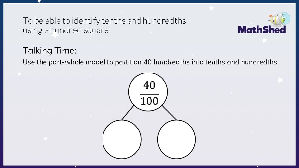 To be able to identify tenths and hundredths using a hundred square Talking Time: