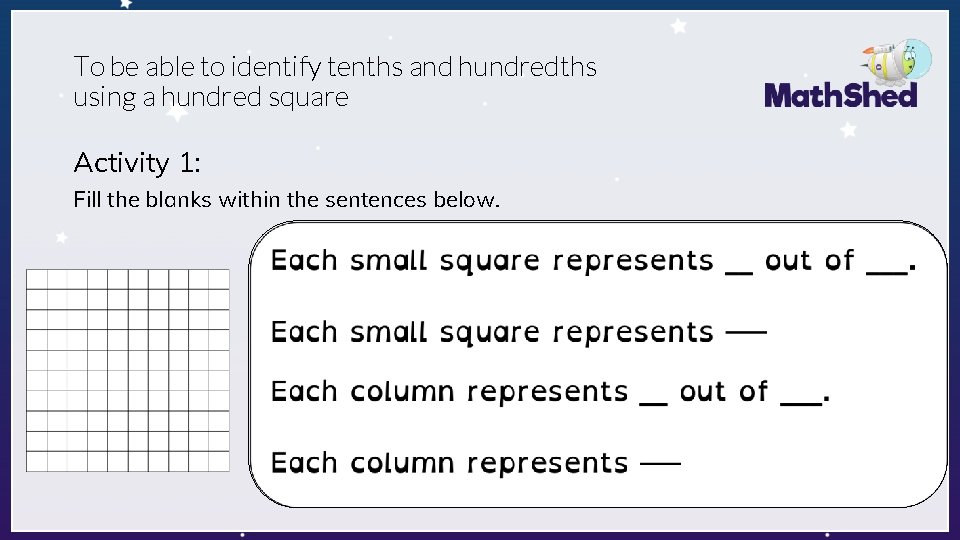 To be able to identify tenths and hundredths using a hundred square Activity 1: