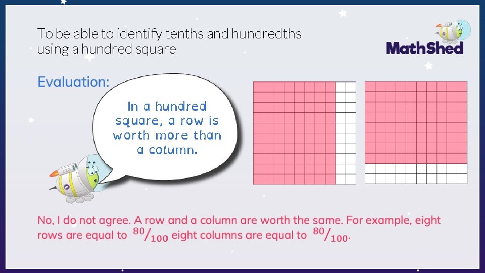 To be able to identify tenths and hundredths using a hundred square • In