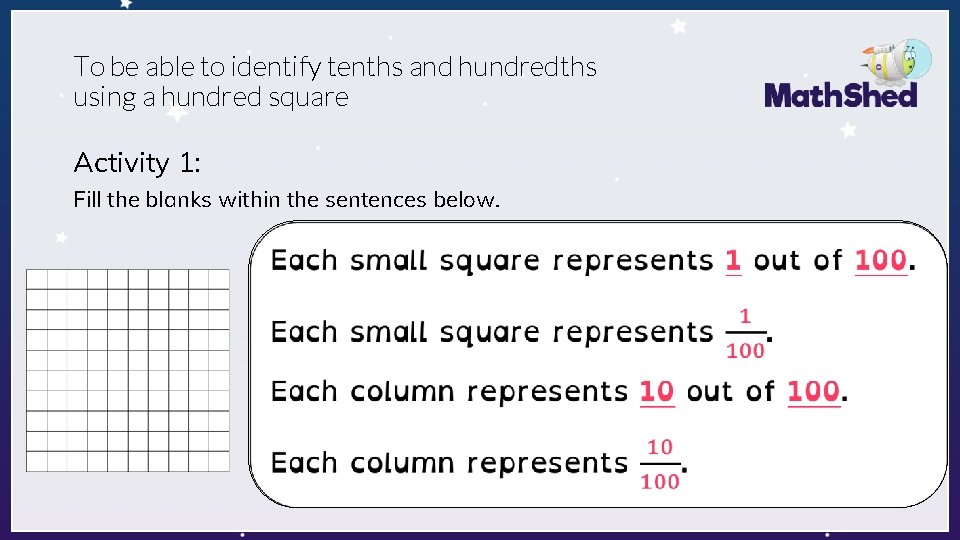 To be able to identify tenths and hundredths using a hundred square Activity 1: