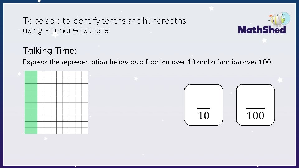 To be able to identify tenths and hundredths using a hundred square Talking Time:
