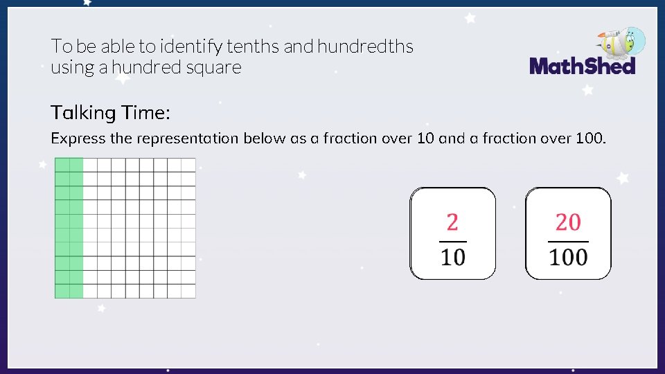 To be able to identify tenths and hundredths using a hundred square Talking Time: