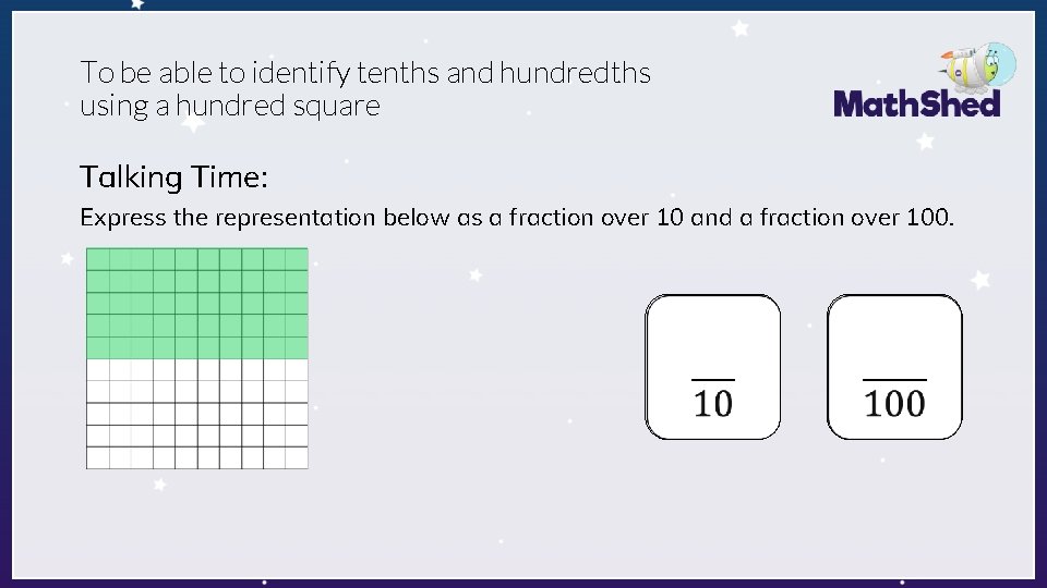 To be able to identify tenths and hundredths using a hundred square Talking Time: