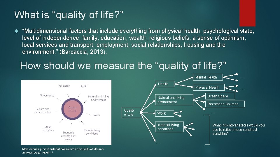 What is “quality of life? ” “Multidimensional factors that include everything from physical health, What is “quality of life? ” “Multidimensional factors that include everything from physical health,
