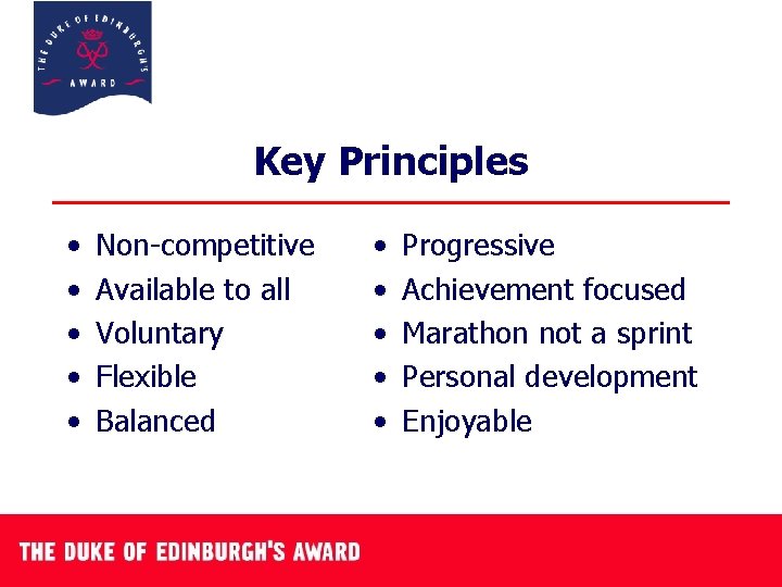 Key Principles • • • Non-competitive Available to all Voluntary Flexible Balanced • •