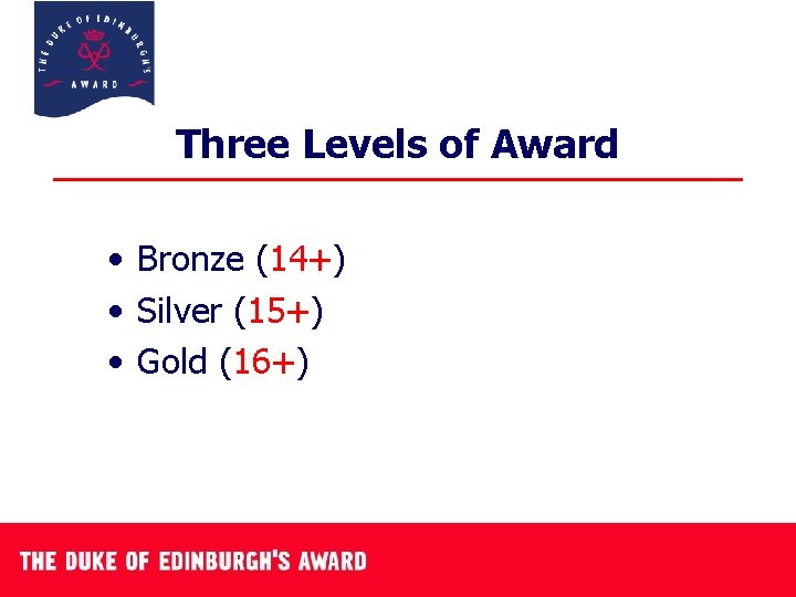 Three Levels of Award • Bronze (14+) • Silver (15+) • Gold (16+) 