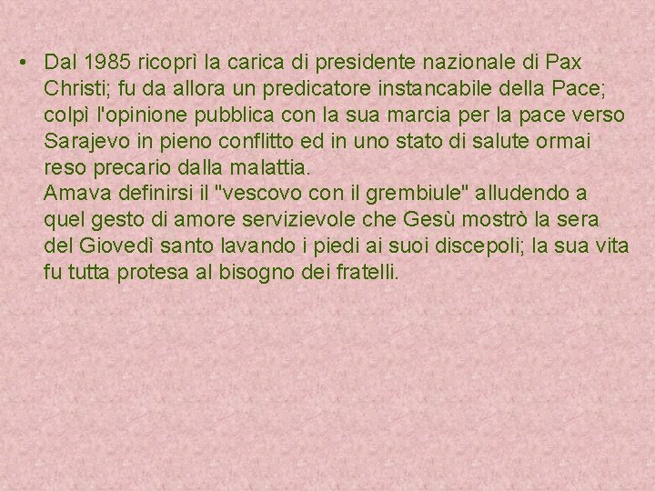  • Dal 1985 ricoprì la carica di presidente nazionale di Pax Christi; fu