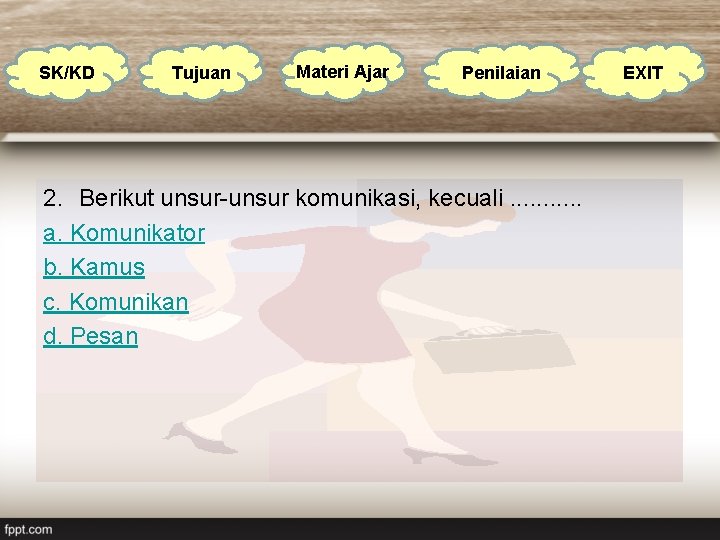 SK/KD Tujuan Materi Ajar Penilaian 2. Berikut unsur-unsur komunikasi, kecuali. . . a. Komunikator