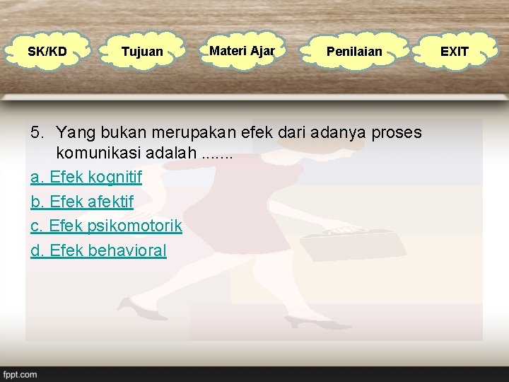 SK/KD Tujuan Materi Ajar Penilaian 5. Yang bukan merupakan efek dari adanya proses komunikasi