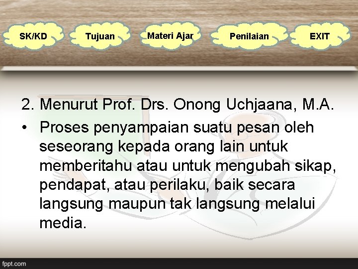 SK/KD Tujuan Materi Ajar Penilaian EXIT 2. Menurut Prof. Drs. Onong Uchjaana, M. A.