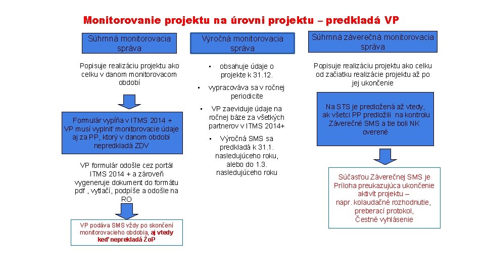 Monitorovanie projektu na úrovni projektu – predkladá VP Súhrnná monitorovacia správa Popisuje realizáciu projektu