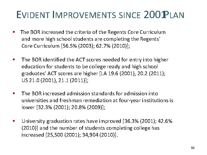 EVIDENT IMPROVEMENTS SINCE 2001 PLAN The BOR increased the criteria of the Regents Core