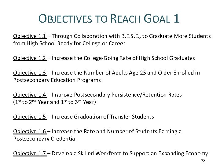 OBJECTIVES TO REACH GOAL 1 Objective 1. 1 – Through Collaboration with B. E.