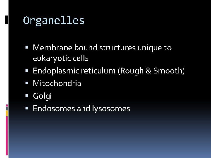 Organelles Membrane bound structures unique to eukaryotic cells Endoplasmic reticulum (Rough & Smooth) Mitochondria