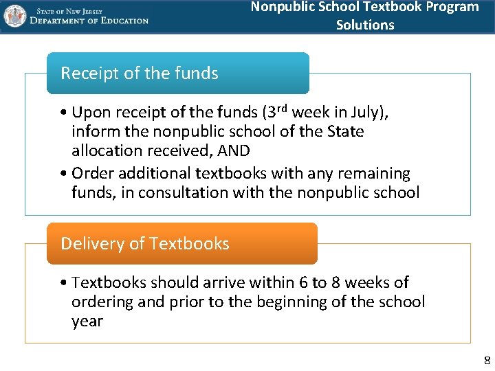 Nonpublic School Textbook Program Solutions Receipt of the funds • Upon receipt of the