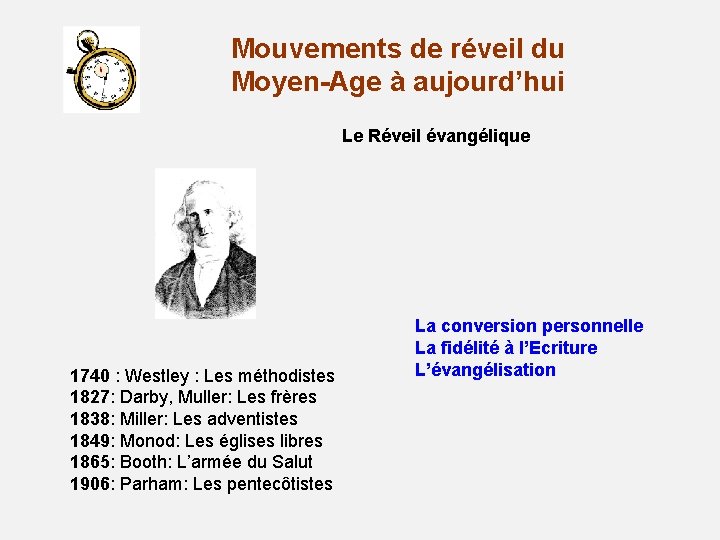 Mouvements de réveil du Moyen-Age à aujourd’hui Le Réveil évangélique 1740 : Westley :