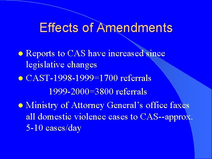 Effects of Amendments Reports to CAS have increased since legislative changes l CAST-1998 -1999=1700