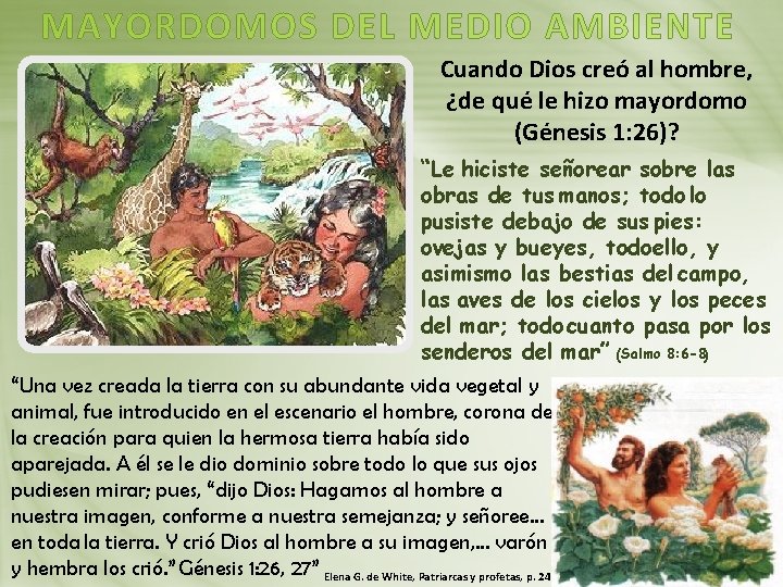 MAYORDOMOS DEL MEDIO AMBIENTE Cuando Dios creó al hombre, ¿de qué le hizo mayordomo