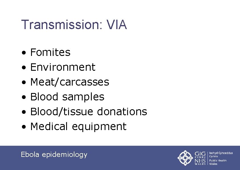 Transmission: VIA • Fomites • Environment • Meat/carcasses • Blood samples • Blood/tissue donations
