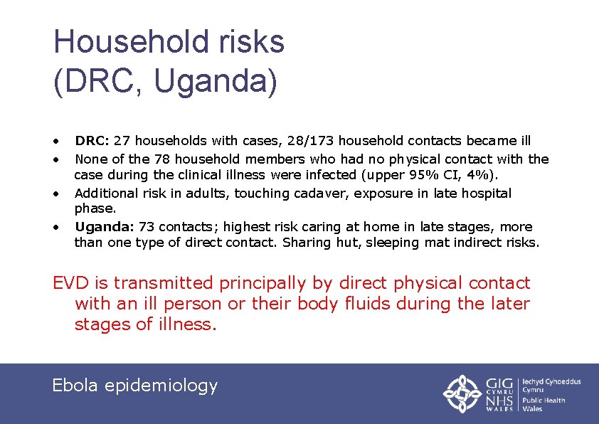 Household risks (DRC, Uganda) • • DRC: 27 households with cases, 28/173 household contacts