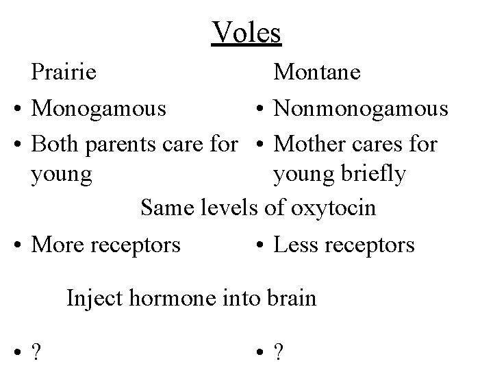 Voles Prairie Montane • Monogamous • Nonmonogamous • Both parents care for • Mother