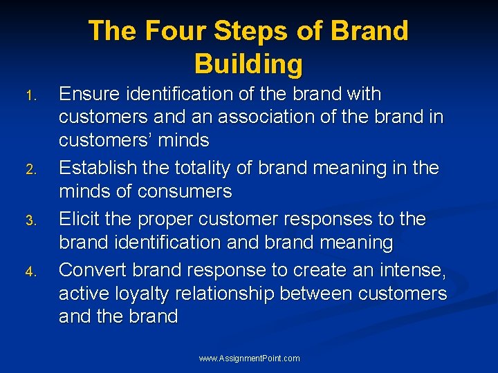 The Four Steps of Brand Building 1. 2. 3. 4. Ensure identification of the