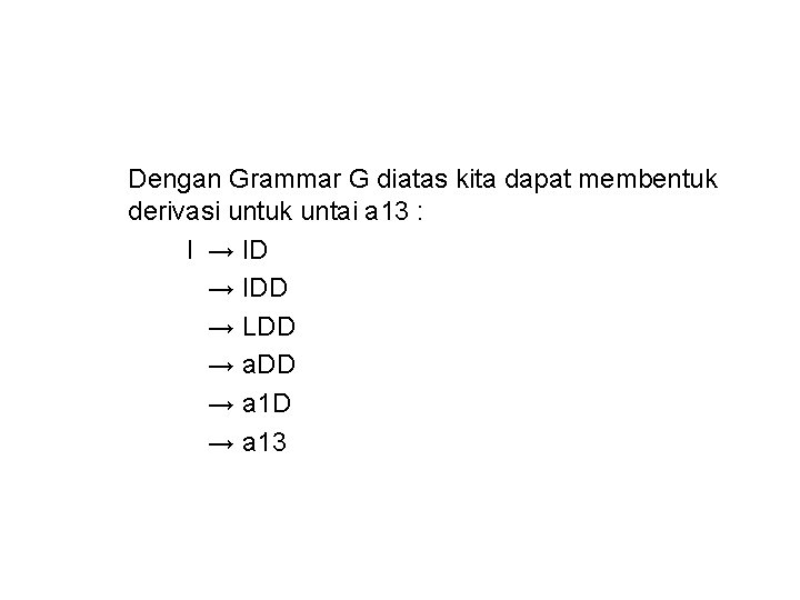 Dengan Grammar G diatas kita dapat membentuk derivasi untuk untai a 13 : I