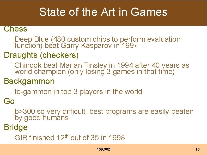 State of the Art in Games Chess Deep Blue (480 custom chips to perform