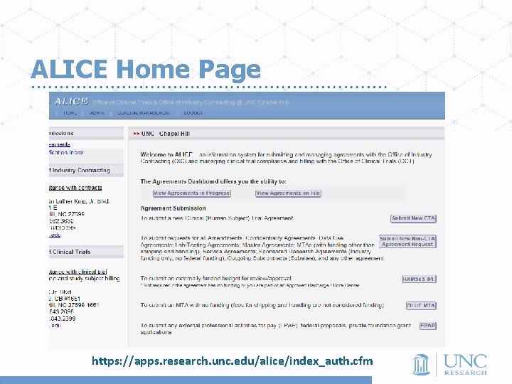 ALICE Home Page https: //apps. research. unc. edu/alice/index_auth. cfm 