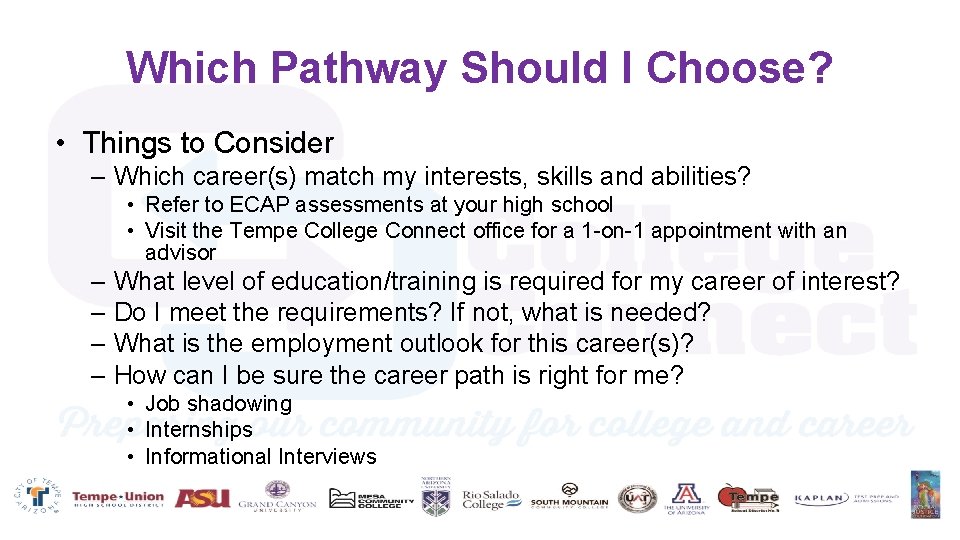 Which Pathway Should I Choose? • Things to Consider – Which career(s) match my