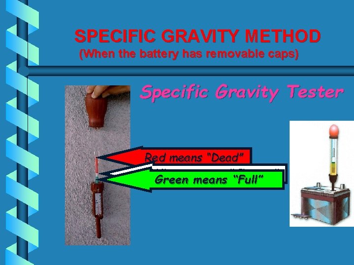 SPECIFIC GRAVITY METHOD (When the battery has removable caps) Specific Gravity Tester Red means