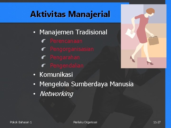 Aktivitas Manajerial • Manajemen Tradisional Perencanaan Pengorganisasian Pengarahan Pengendalian • Komunikasi • Mengelola Sumberdaya