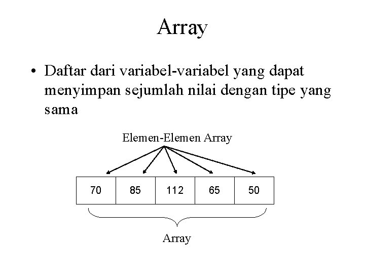 Array • Daftar dari variabel-variabel yang dapat menyimpan sejumlah nilai dengan tipe yang sama