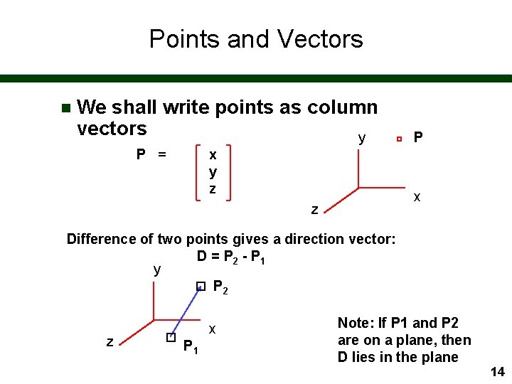 Points and Vectors n We shall write points as column vectors y P =