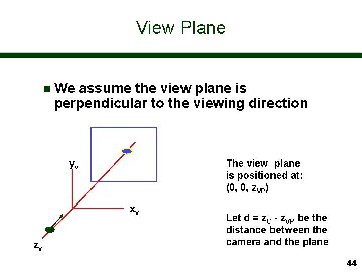 View Plane n We assume the view plane is perpendicular to the viewing direction