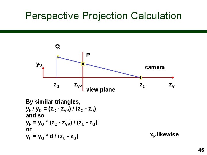 Perspective Projection Calculation Q P y. V camera z. Q z. VP view plane