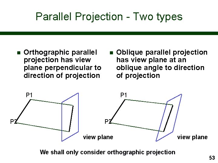 Parallel Projection - Two types n Orthographic parallel projection has view plane perpendicular to