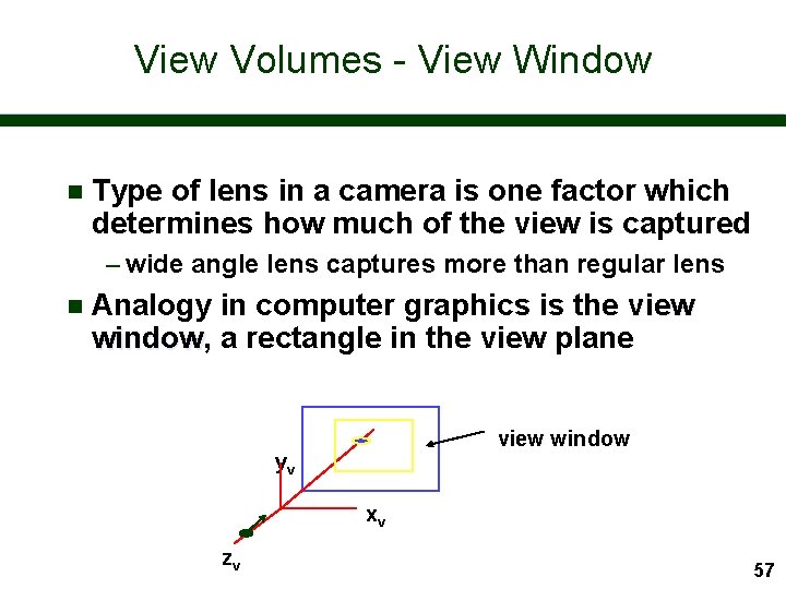 View Volumes - View Window n Type of lens in a camera is one