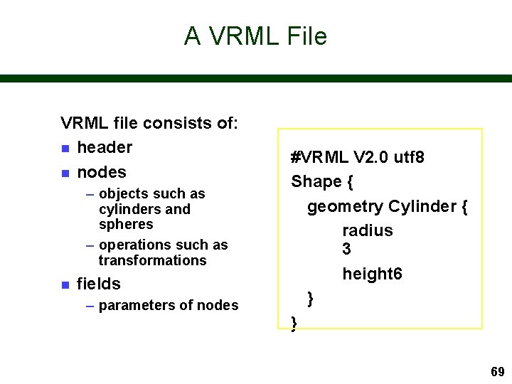 A VRML File VRML file consists of: n header n nodes – objects such