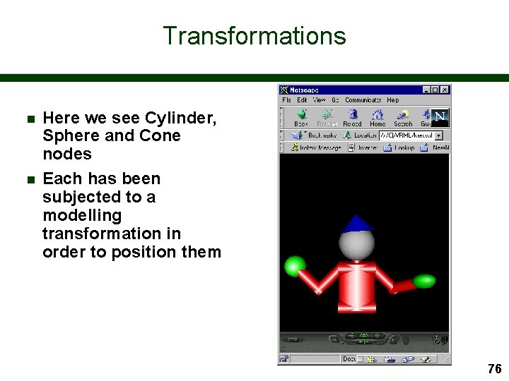 Transformations n n Here we see Cylinder, Sphere and Cone nodes Each has been