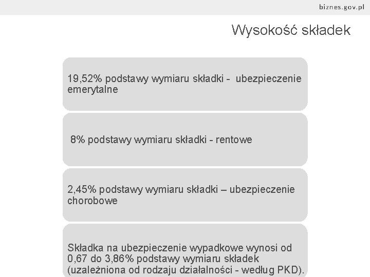 Wysokość składek 19, 52% podstawy wymiaru składki - ubezpieczenie emerytalne 8% podstawy wymiaru składki