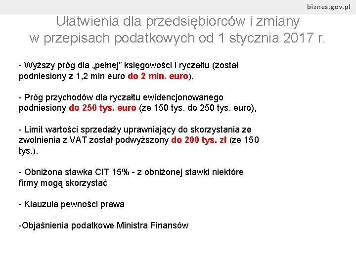 Ułatwienia dla przedsiębiorców i zmiany w przepisach podatkowych od 1 stycznia 2017 r. -