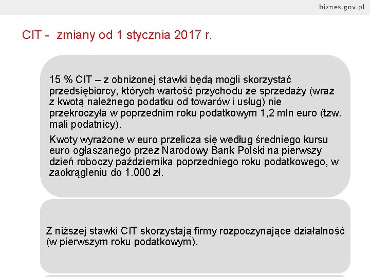 CIT - zmiany od 1 stycznia 2017 r. 15 % CIT – z obniżonej