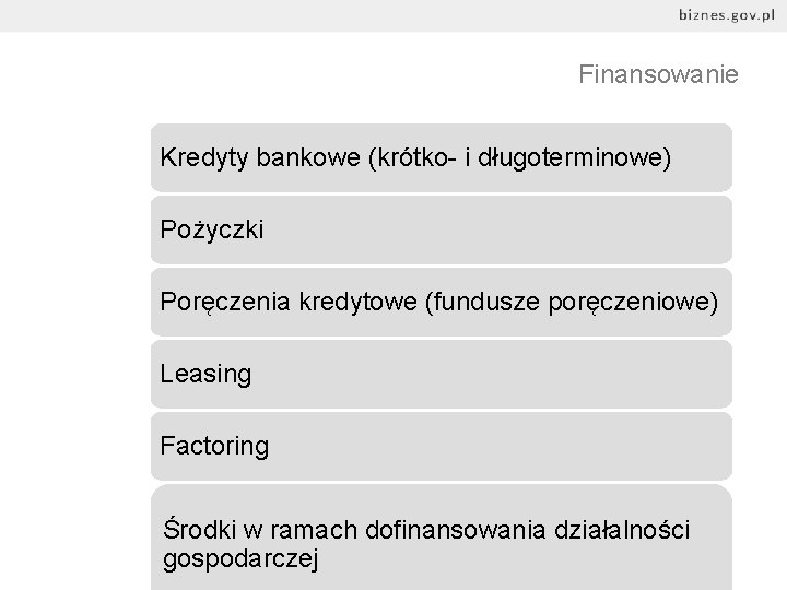 Finansowanie Kredyty bankowe (krótko- i długoterminowe) Pożyczki Poręczenia kredytowe (fundusze poręczeniowe) Leasing Factoring Środki