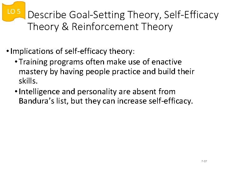 LO 5 Describe Goal-Setting Theory, Self-Efficacy Theory & Reinforcement Theory • Implications of self-efficacy