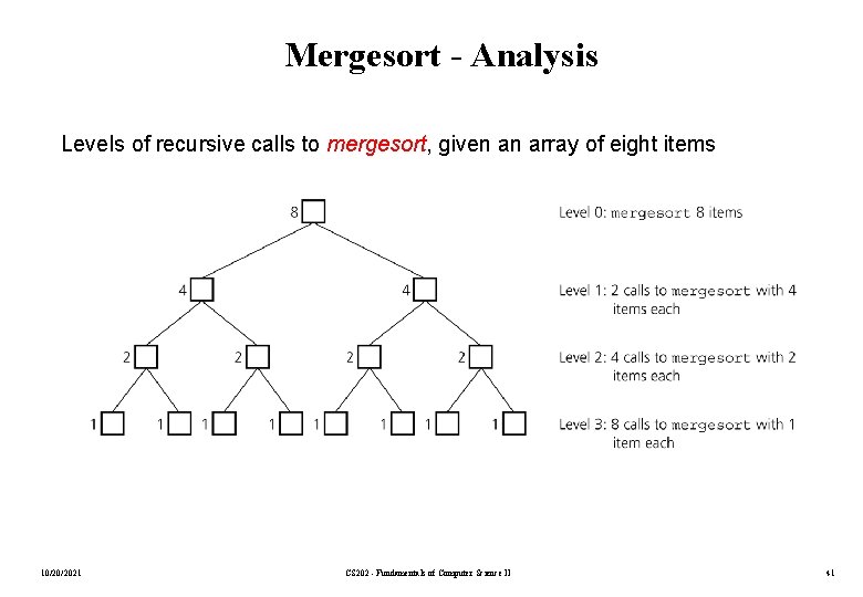 Mergesort - Analysis Levels of recursive calls to mergesort, given an array of eight