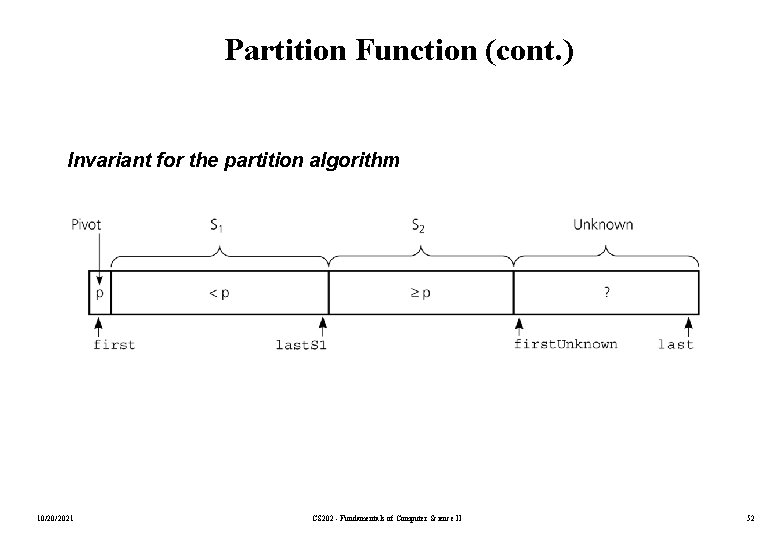 Partition Function (cont. ) Invariant for the partition algorithm 10/20/2021 CS 202 - Fundamentals