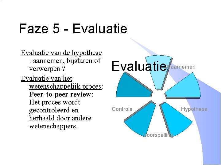 Faze 5 - Evaluatie van de hypothese : aannemen, bijsturen of verwerpen ? Evaluatie