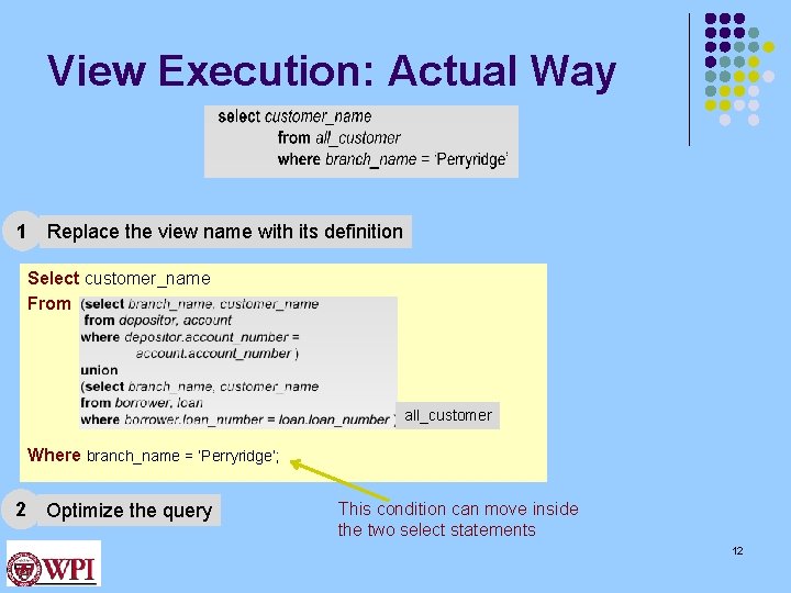 View Execution: Actual Way 1 Replace the view name with its definition Select customer_name