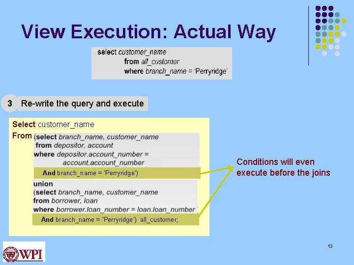 View Execution: Actual Way 3 Re-write the query and execute Select customer_name From And